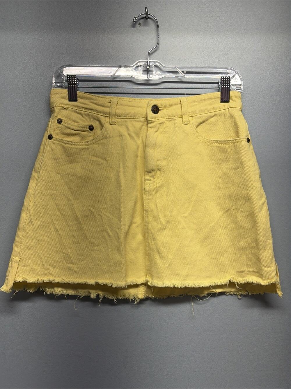 Sadie & Sage Lemon Drop/Yellow A-Line Mini Denim Skirt -Medium- Raw Hem/Pockets